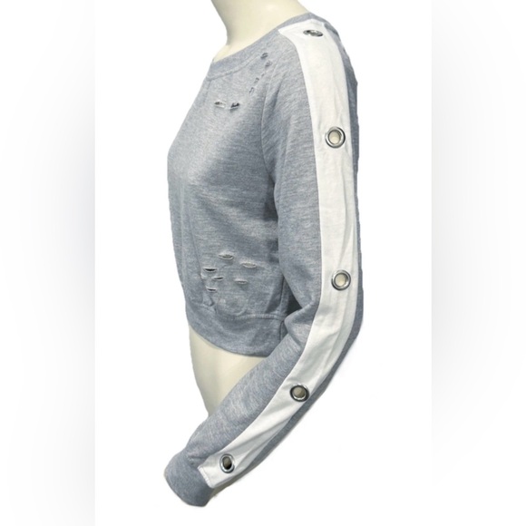 MIMI New York Distressed Cropped Sweatshirt Gray White Stripe Grommet Sleeve M - Picture 4 of 12